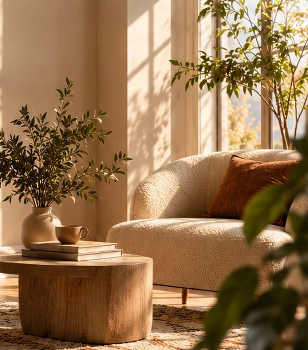 A sunlit, quiet room with a soft armchair, a wooden table and a leafy plant.