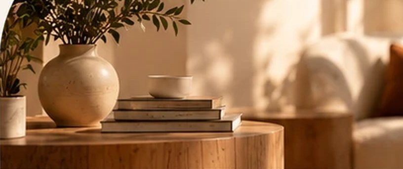 A ceramic vase with olive branches and a stack of books on a wooden side table in warm light.