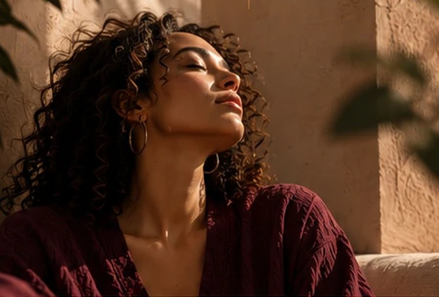 A woman in a plum sweater rests her head back, eyes closed, in warm afternoon sunlight.